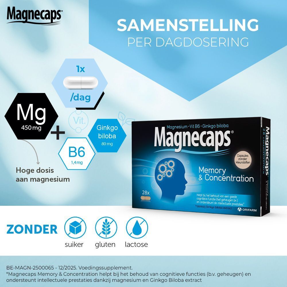 Samenstelling per dagdosering. Verpakking MAGNECAPS® Memory & Concentration. Bevat magnesium, vitamine B6, ginkgo biloba.