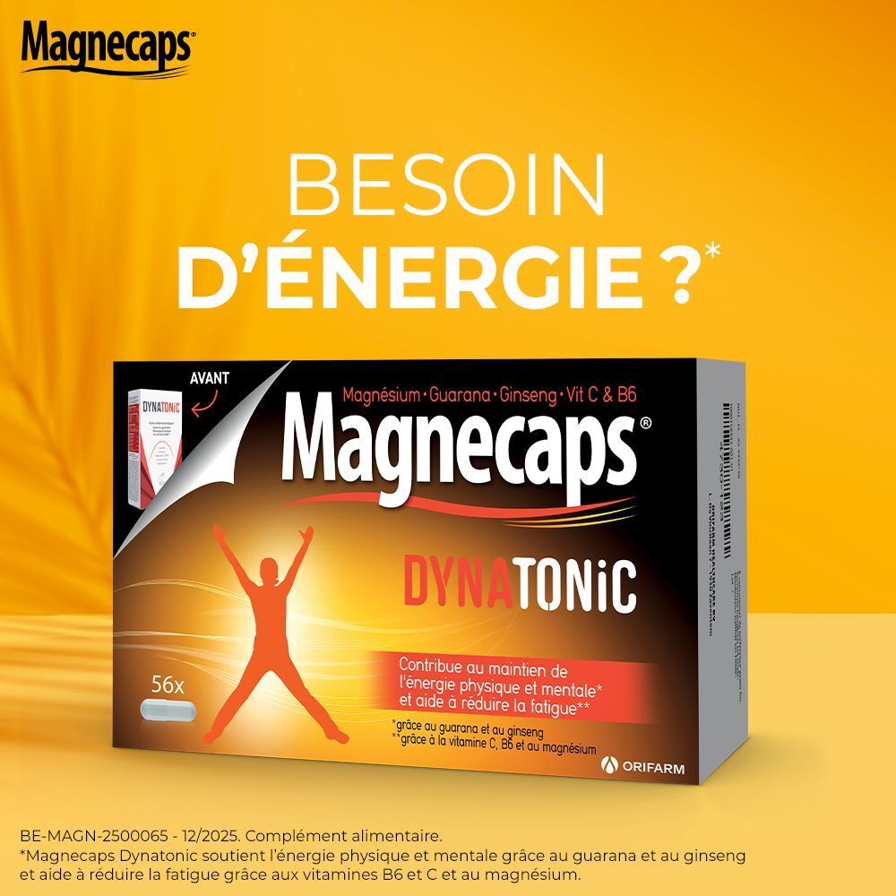 Deux boîtes de MAGNECAPS® Dynatonic. Inscription : 1+1 GRATUIT et +33 % GRATUIT. Emballage noir avec design rouge et jaune.