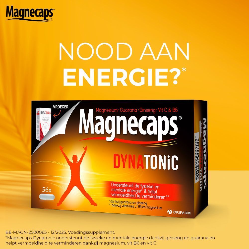 Twee verpakkingen MAGNECAPS® Dynatonic. Opschrift: +33 % gratis. Zwarte verpakking met rood en geel design.