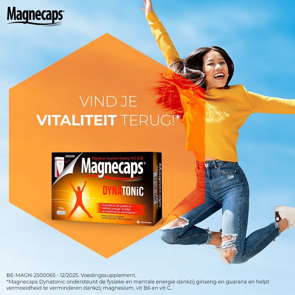 Verpakking MAGNECAPS® Dynatonic. Opschrift: Nood aan energie? Zwarte verpakking met rood en geel design.