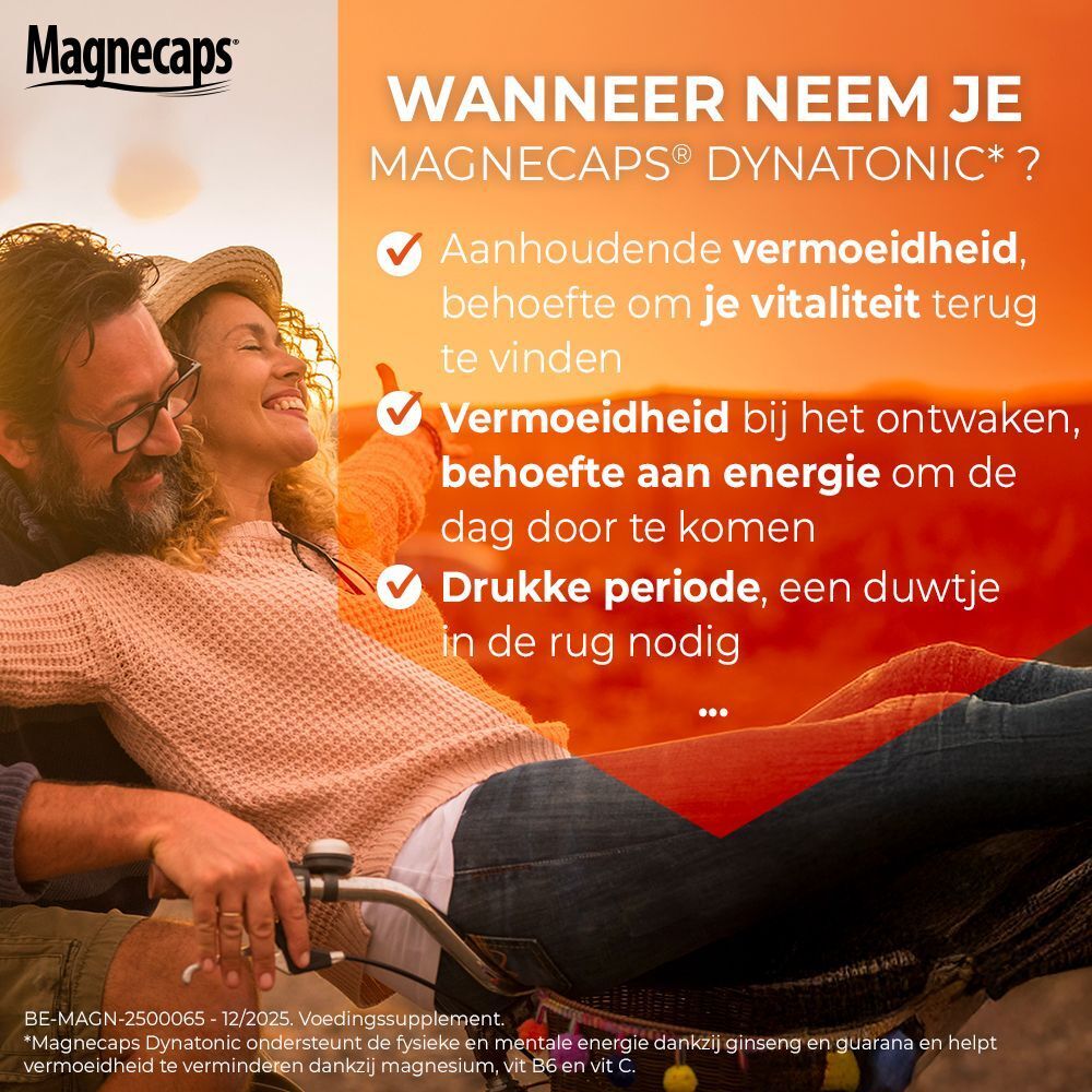 Verpakking MAGNECAPS® Dynatonic. Opschrift: Vind je vitaliteit terug! Zwarte verpakking met rood en geel design.