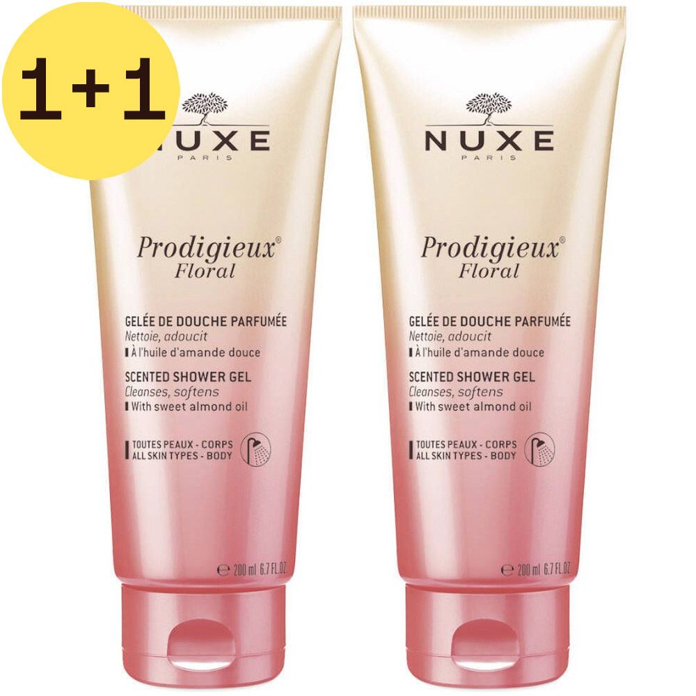 Deux tubes de gel douche Nuxe Prodigieux Floral. Texte: Gelée de Douche Parfumée. Étiquette 1+1 gratuit.