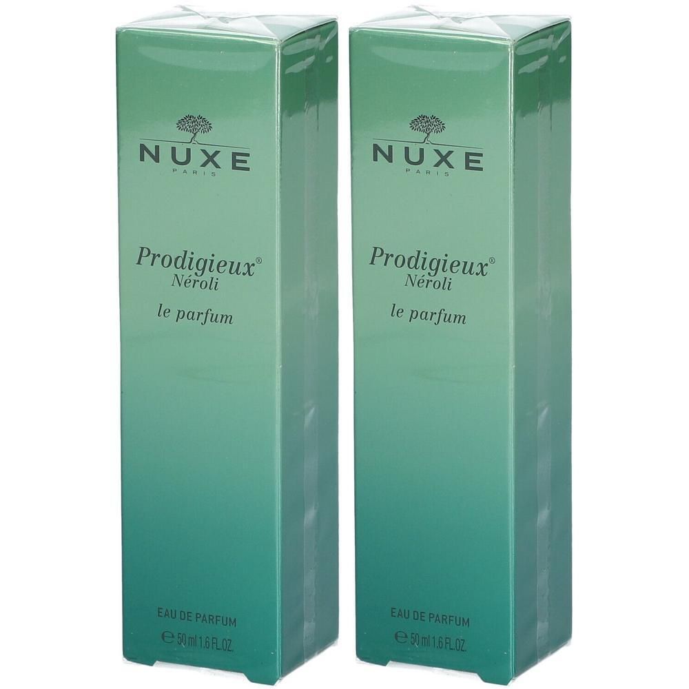 Twee groene dozen. Boven: NUXE PARIS. Daaronder: Prodigieux Néroli le parfum. Eau de Parfum.
