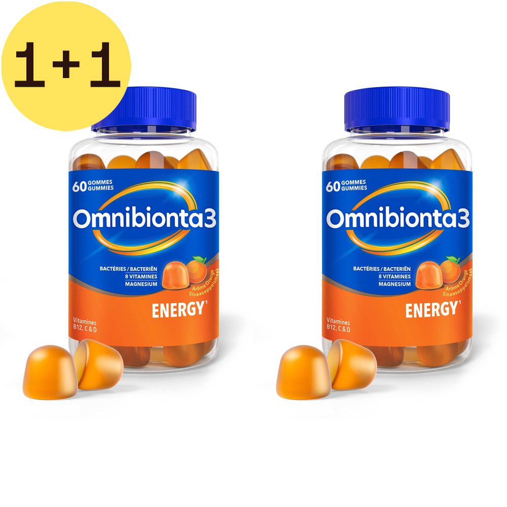 Deux flacons de Omnibionta3 ENERGY Gommes. Bouchons bleus, étiquettes oranges avec nom et ingrédients. Offre 1+1 GRATUIT.