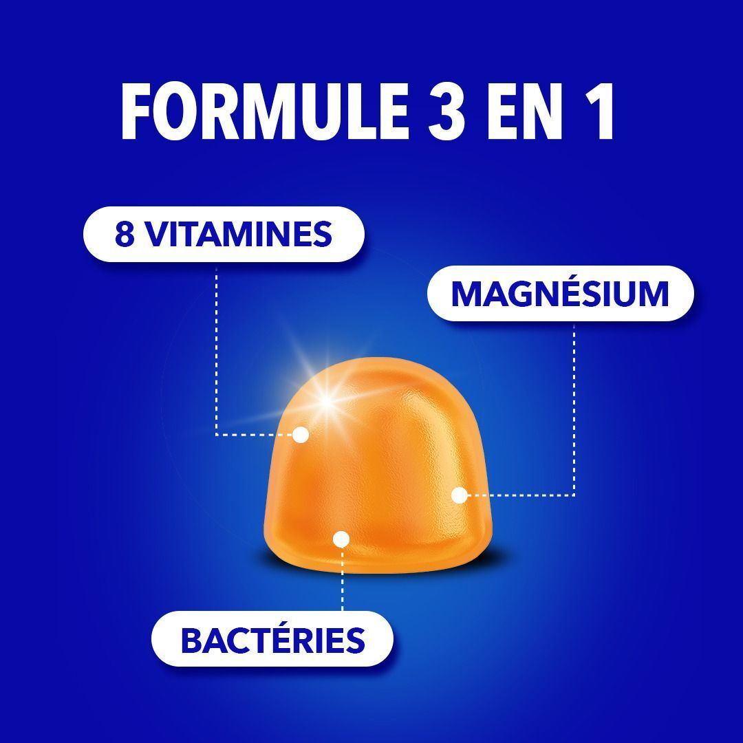 Deux flacons de Omnibionta3 Gummies Energy. Chaque flacon contient 60 gommes. Bouchon bleu, gommes oranges.