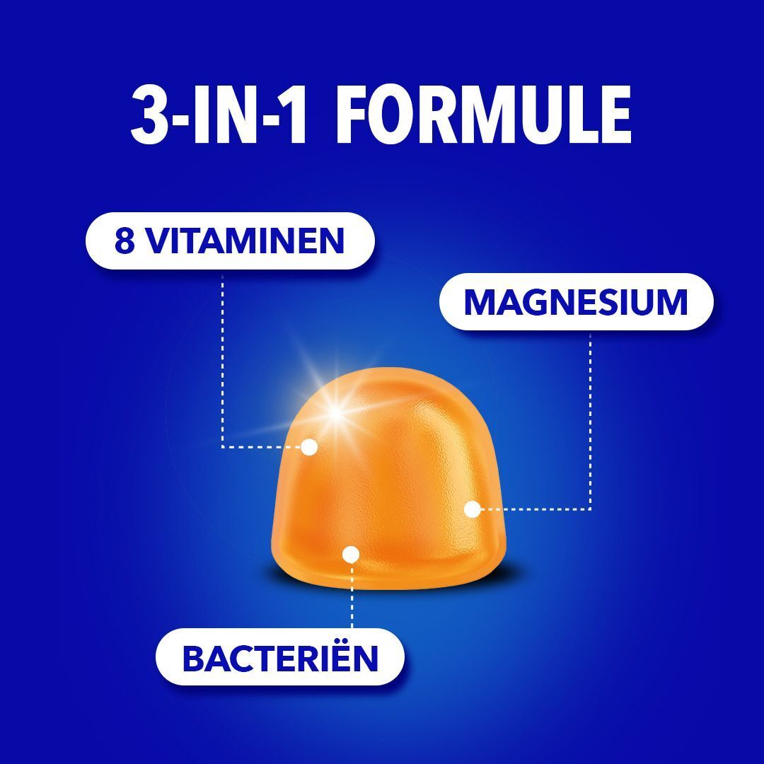 Twee flessen Omnibionta3 Gummies Energy. Elke fles bevat 60 gummies. Blauwe dop, oranje gummies.