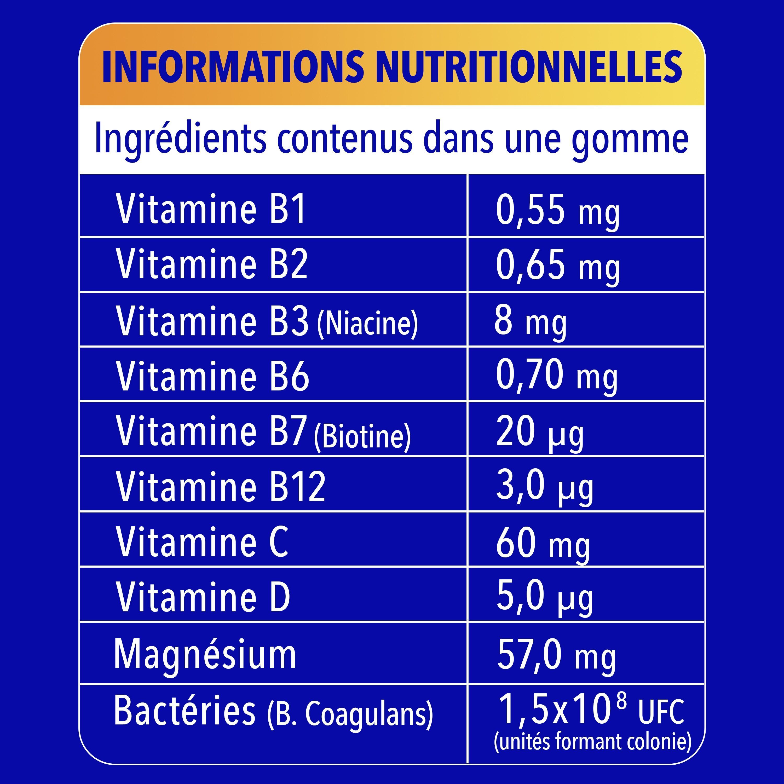 Gomme orange et une demi-orange. Texte : Saveur orange. Fond bleu.