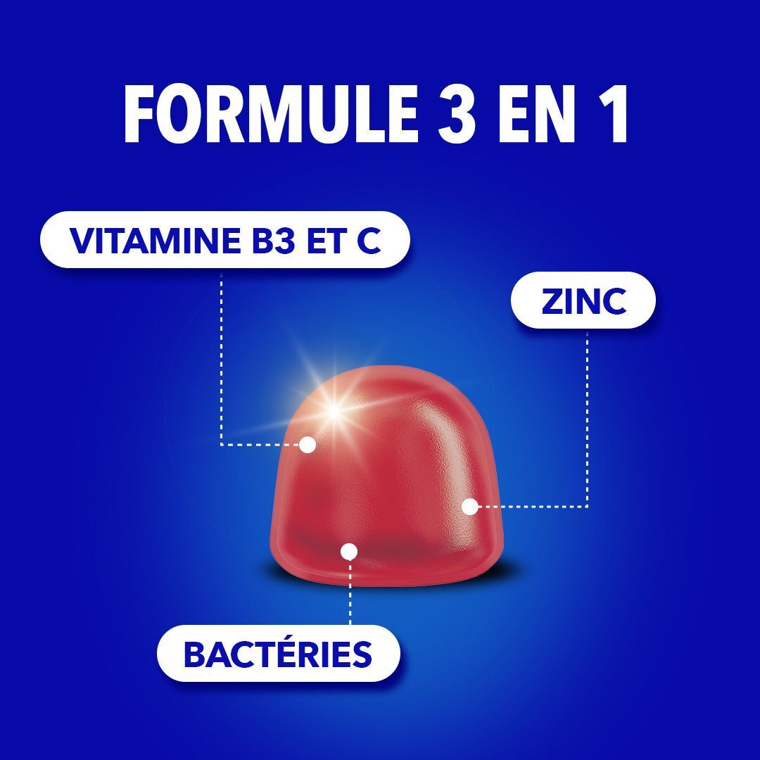 Deux flacons OMNINIONTA3 Gummies Défense avec offre 1+1. Gommes rouges à côté. Bouchons bleus, flacons transparents.