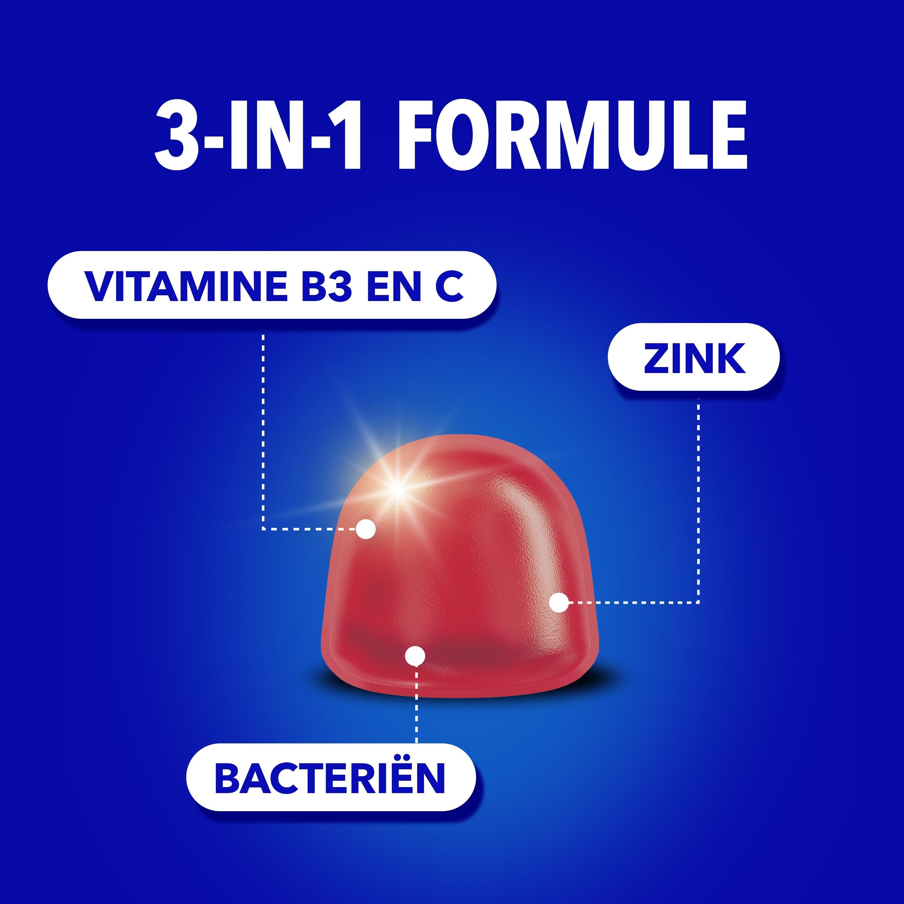 Twee flessen OMNINIONTA3 Gummies Defense met 1+1 aanbieding. Rode gummies ernaast. Blauwe doppen, transparante flessen.