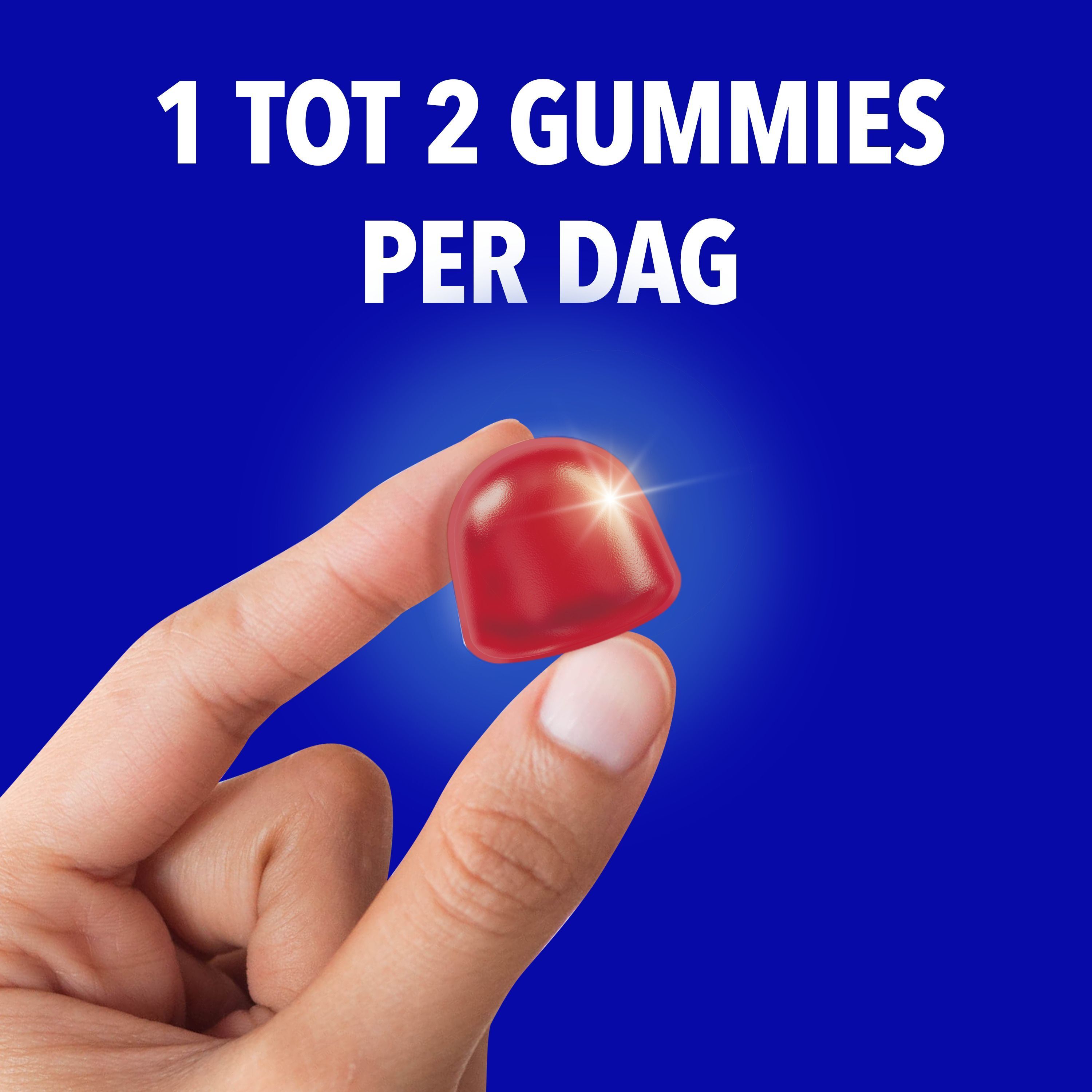 Rode gummy met witte stippen. Tekst: FORMULE 3 EN 1, VITAMINE B3 ET C, ZINC, BACTÉRIES.