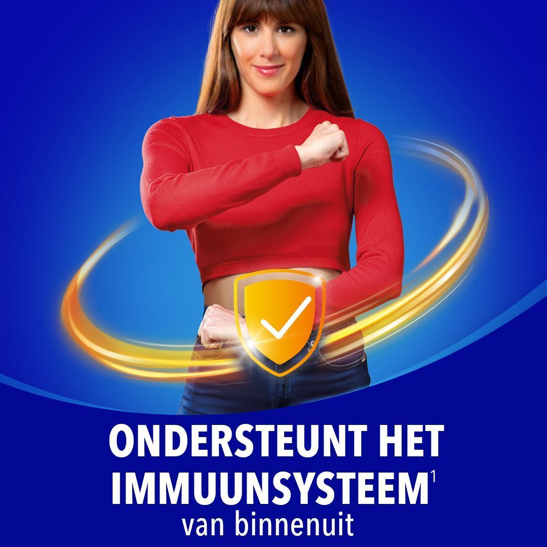 Hand houdt rode gummy vast. Tekst: 1 À 2 GOMMES PAR JOUR.