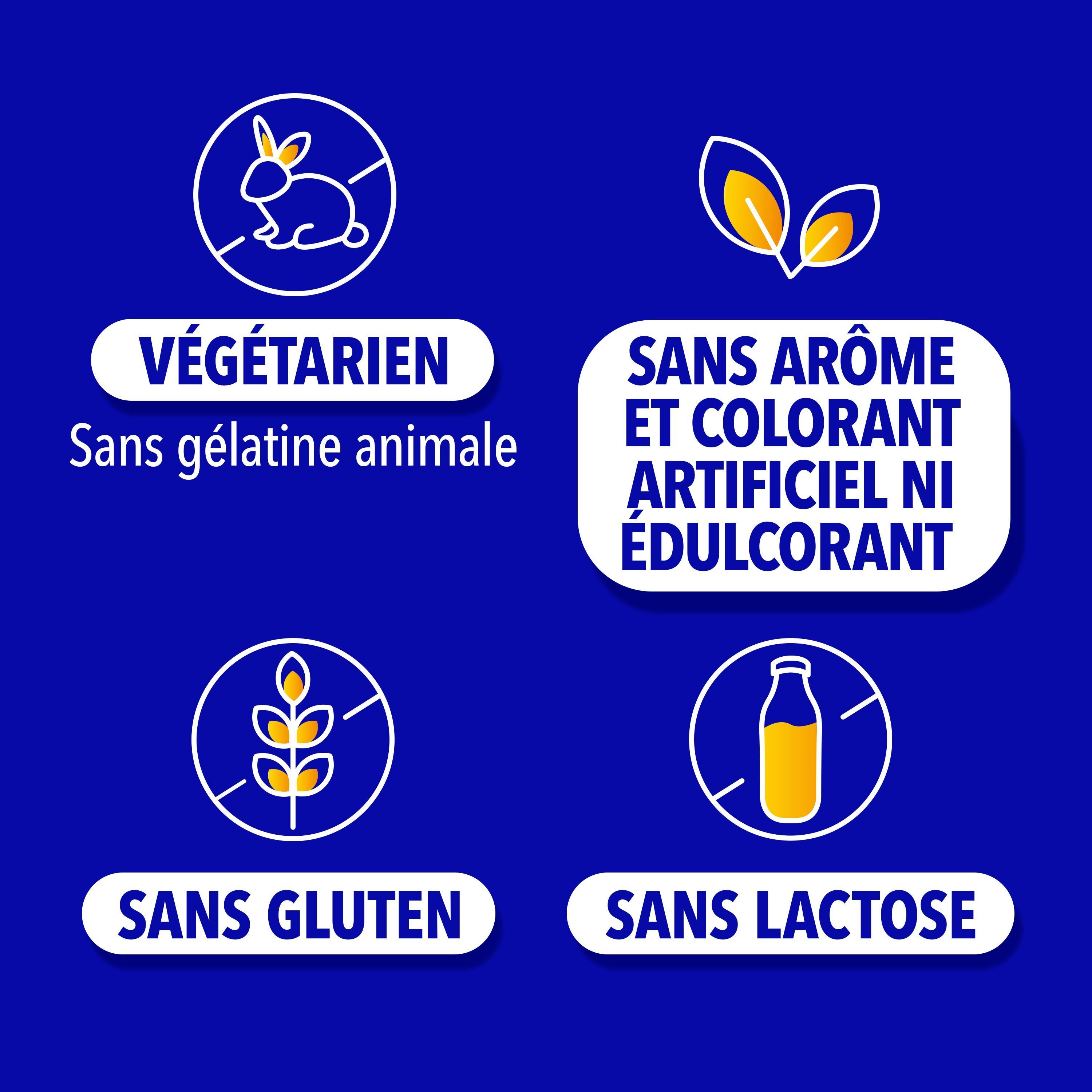 Tableau nutritionnel. Ingrédients par gomme: Vitamines, Zinc, Bactéries.