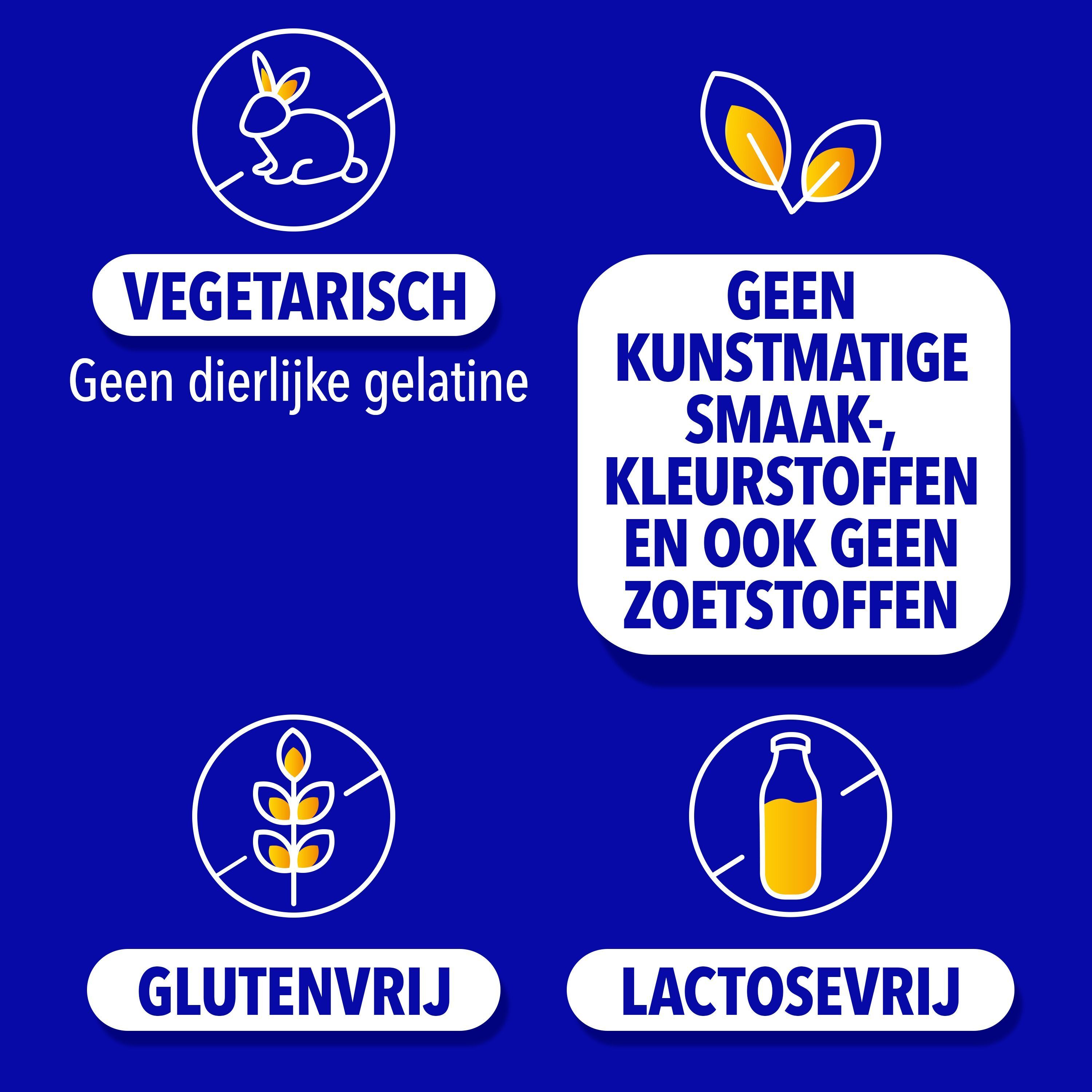 Voedingstabel. Ingrediënten per gummy: Vitaminen, Zink, Bacteriën.