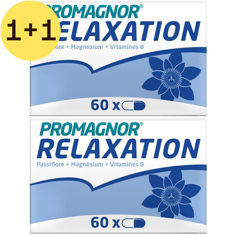 Deux boîtes PROMAGNOR Relaxation avec 60 gélules. Inscription: Passiflore + Magnésium + Vitamines B. Étiquette jaune 1+1 GRATUIT.