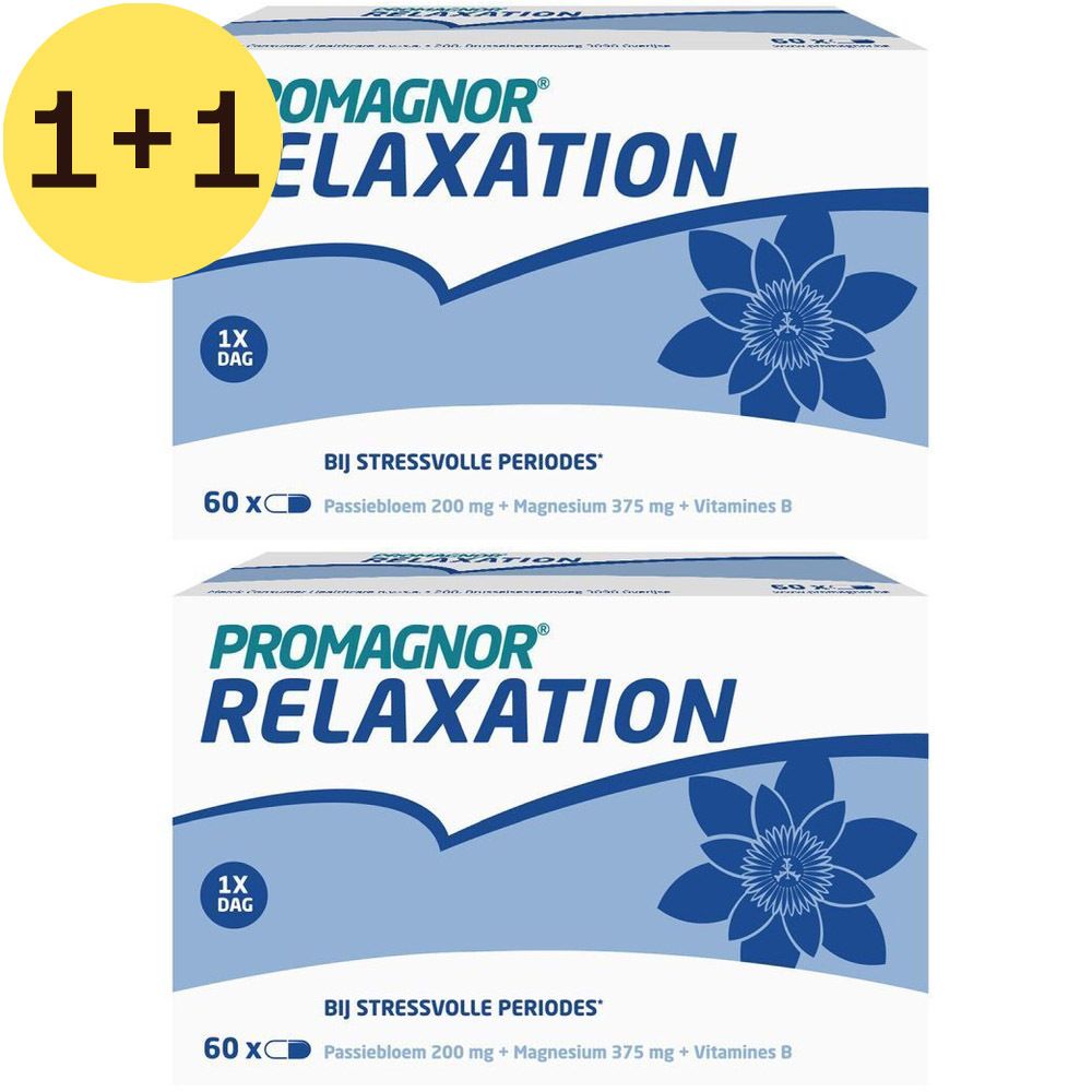 Twee dozen PROMAGNOR Relaxation met 60 capsules. Opschrift: Passiebloem 200 mg + Magnesium 375 mg + Vitaminen B. Geel 1+1 label.