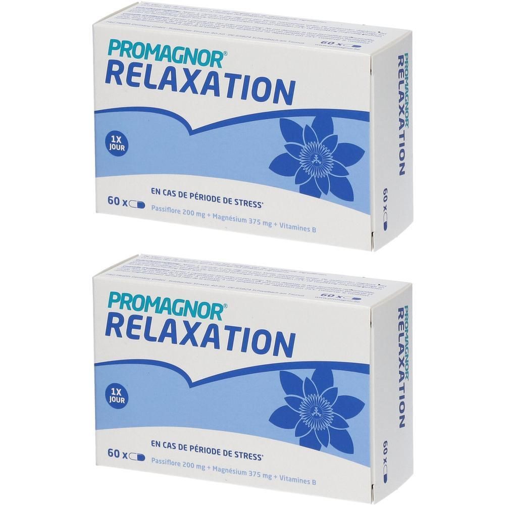Deux boîtes de PROMAGNOR® RELAXATION, chacune contient 60 gélules.