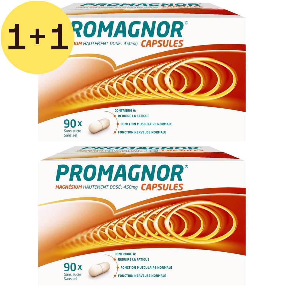 Deux boîtes de gélules Promagnor avec offre 1+1 gratuite. Chaque boîte contient 90 gélules. Inscription: Magnésium hautement dosé 450mg.