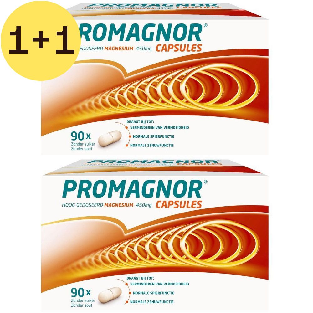 Twee dozen Promagnor capsules met 1+1 gratis aanbieding. Elke doos bevat 90 capsules. Opschrift: Hoog gedoseerd magnesium 450mg.