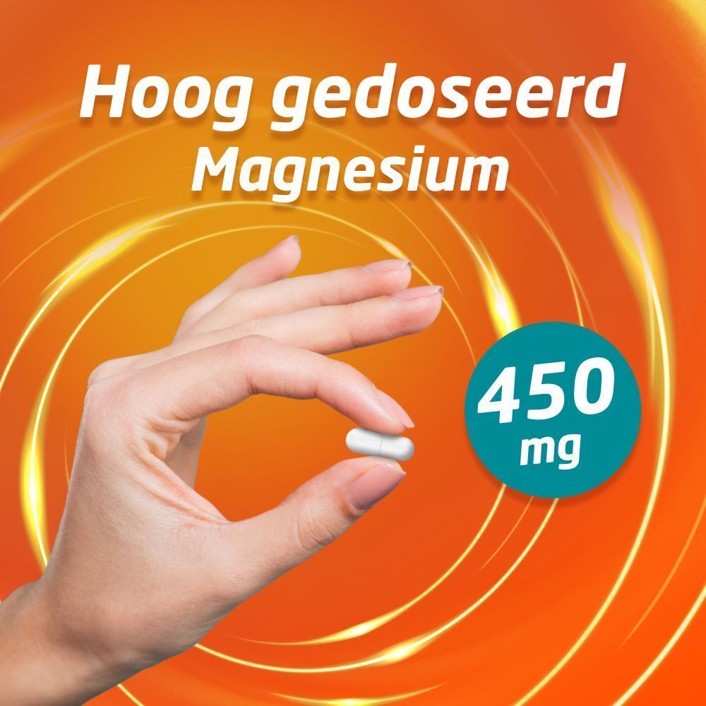 Hand houdt een witte capsule vast. Tekst: Hoog gedoseerd Magnesium 450 mg.