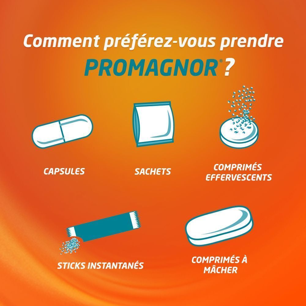 Différentes formes de Promagnor: gélules, sachets, comprimés effervescents, sticks instantanés, comprimés à mâcher.