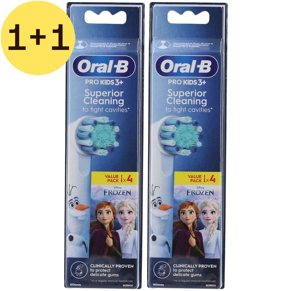 Deux paquets de têtes de brosse à dents Oral-B Pro Kids 3+. Emballage avec motif Frozen. Offre 1+1 gratuit.
