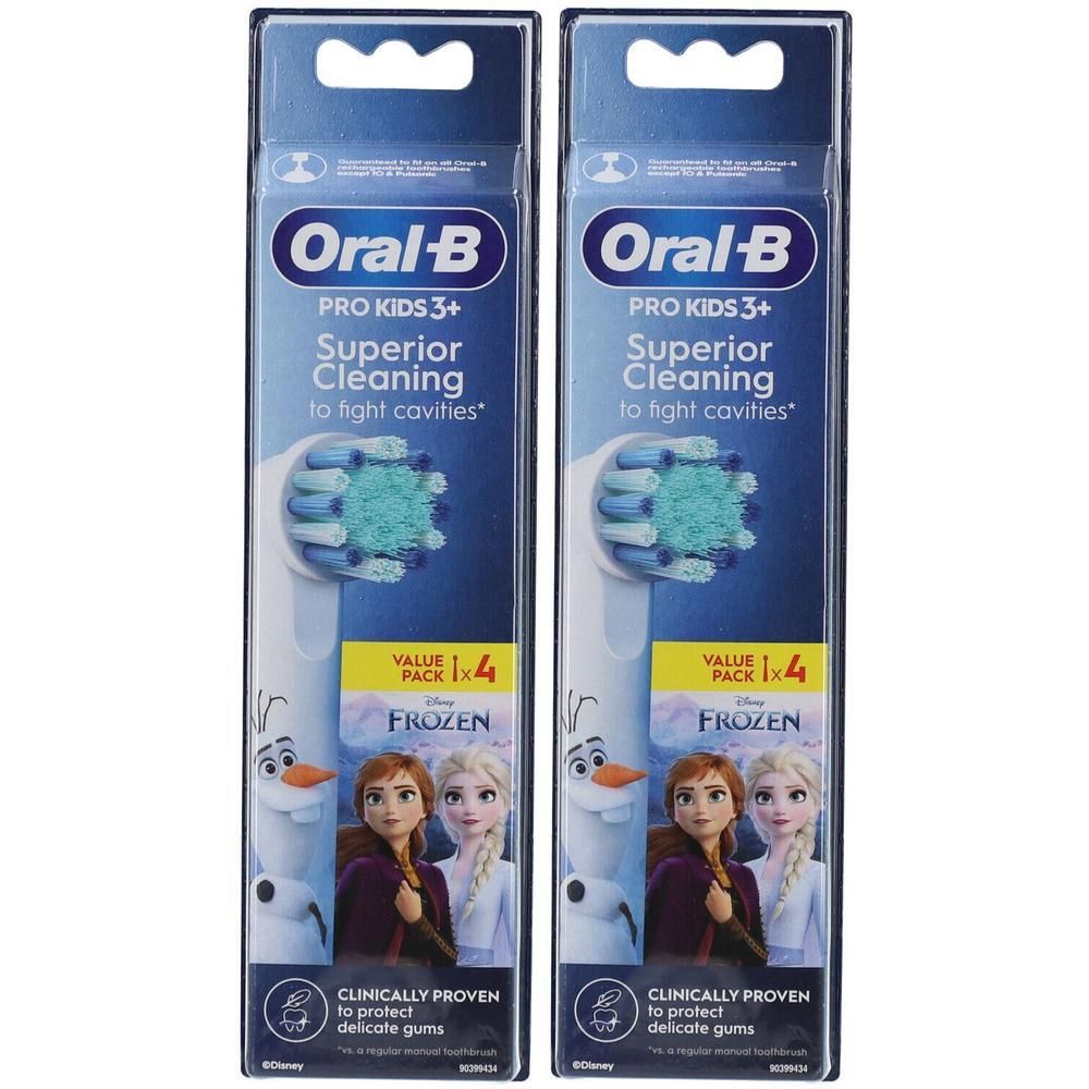 Twee Oral-B Pro Kids 3+ opzetborstels. Verpakking met Frozen-thema. Bevat vier opzetborstels. Klinisch getest voor gevoelig tandvlees.
