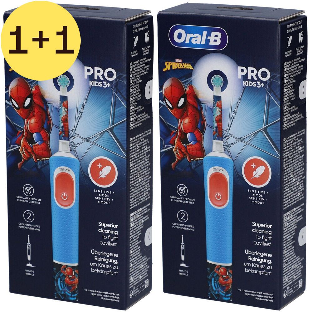 Deux boîtes de brosses à dents Oral-B Pro Kids 3+ Spiderman. Brosses bleues avec bouton rouge. Offre 1+1 gratuite.