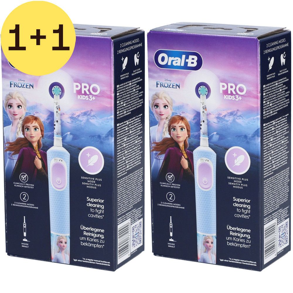 Twee verpakkingen Oral-B Pro Kids 3+ La Reine des Neiges tandenborstels. Afbeeldingen van Elsa en Anna. 1+1 aanbieding. Blauwe borstel.
