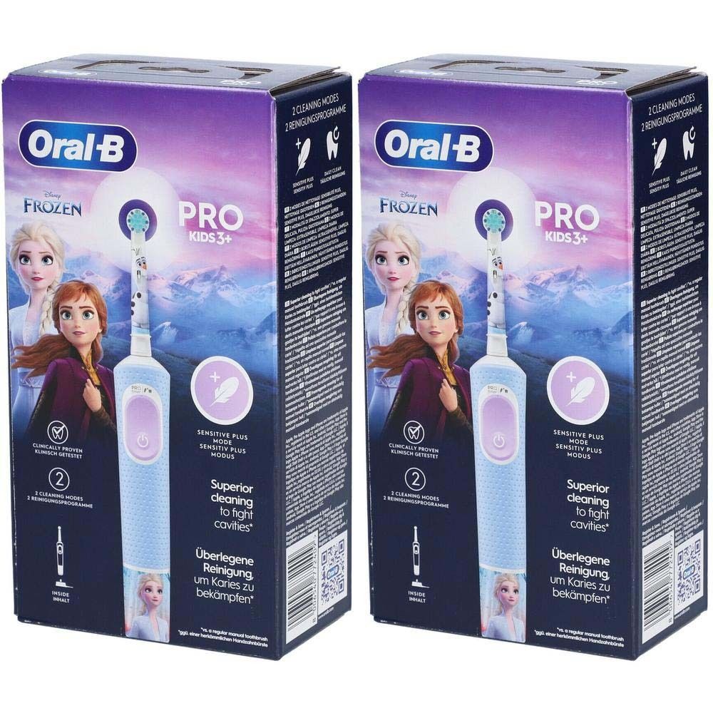 Deux brosses à dents Oral-B Pro Kids 3+ dans leur emballage. Impression : personnages de La Reine des Neiges, nom du produit, modes de nettoyage.