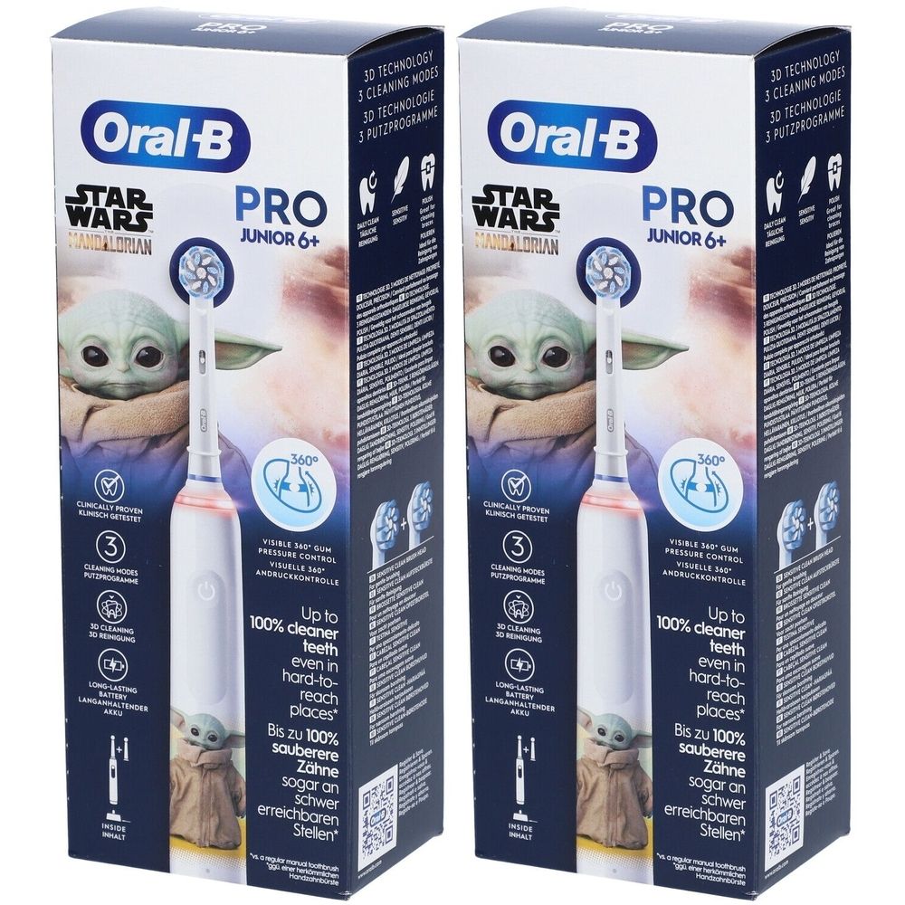 Deux boîtes de brosse à dents électrique Oral-B Pro Junior 6+. Design Star Wars avec Yoda. Contient une brosse à dents.