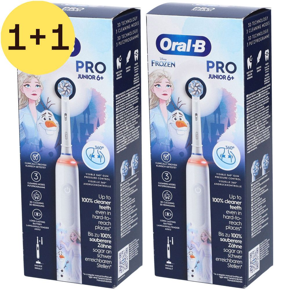 Twee verpakkingen Oral-B Pro Junior 6+ tandenborstels. Disney Frozen print. 1+1 aanbieding. Elke verpakking toont een elektrische tandenborstel.