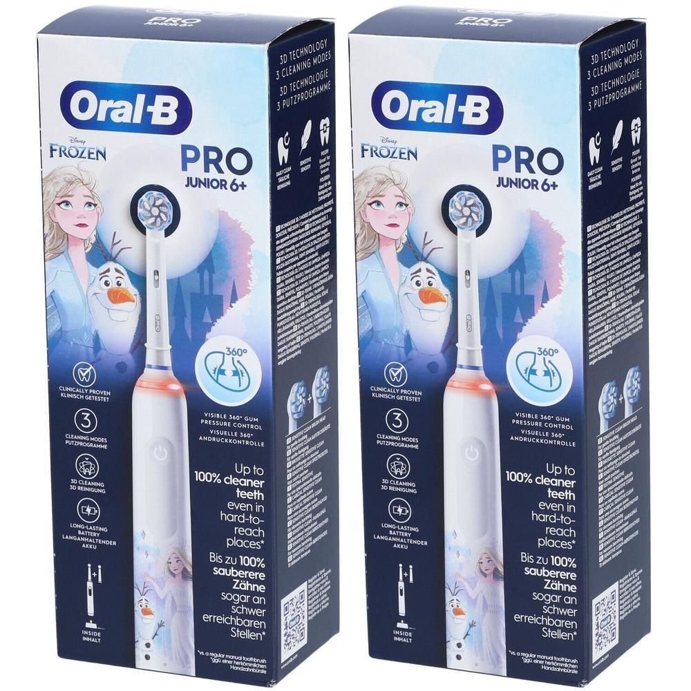 Twee elektrische tandenborstels Oral-B Pro Junior 6+ in verpakking. Opdruk: Frozen, Olaf, 3 poetsmodi, 3D-technologie.