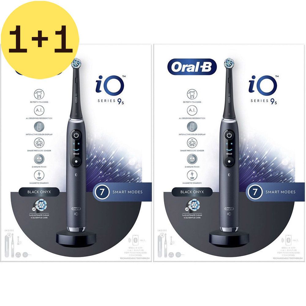 Deux brosses à dents électriques Oral-B iO Series 9s Black Onyx. Offre 1+1 gratuit. Logos et caractéristiques du produit sur l'emballage.