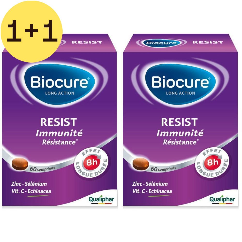 Deux boîtes Biocure Resist. Boîtes violettes avec logo et texte blancs. Contient 60 comprimés. Logo Qualiphar.