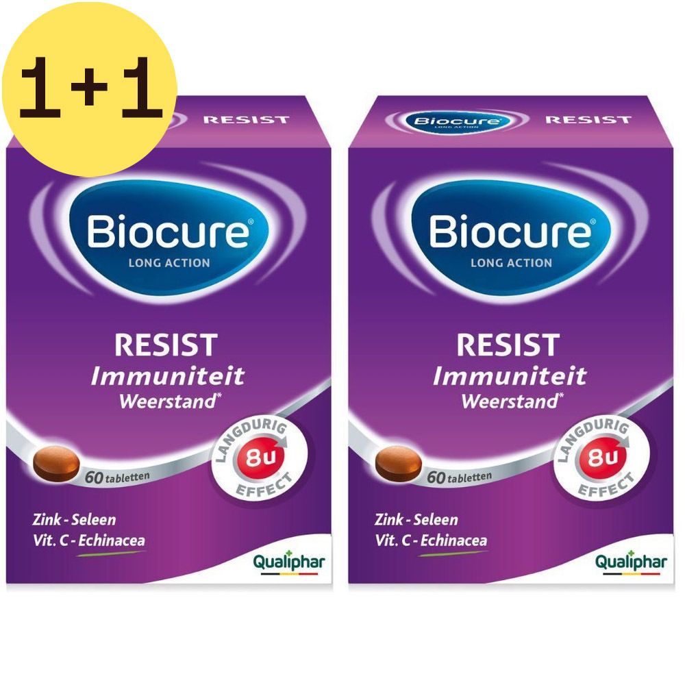 Twee dozen Biocure Resist. Paarse dozen met wit logo en tekst. Bevat 60 tabletten. Qualiphar-logo.