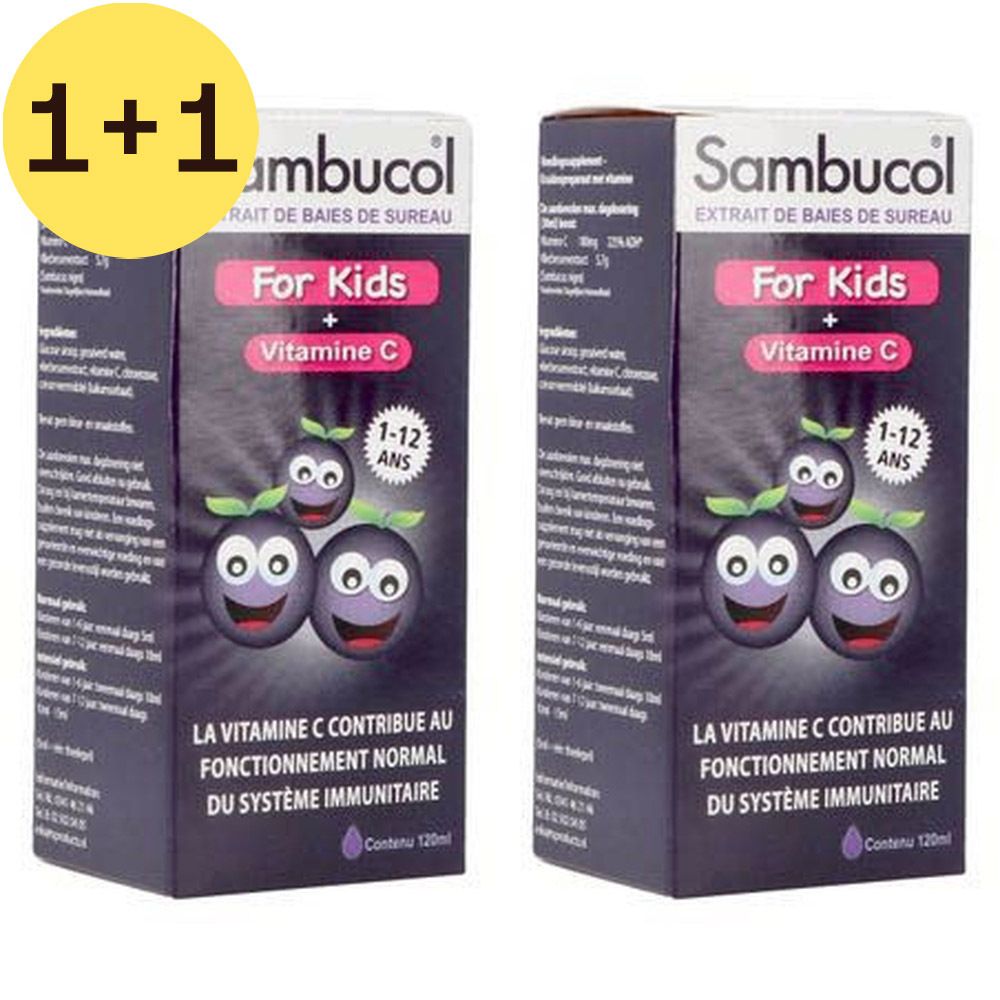 Boîte Sambucol For Kids + Vitamine C. Boîte noire avec nom du produit, illustrations et texte.