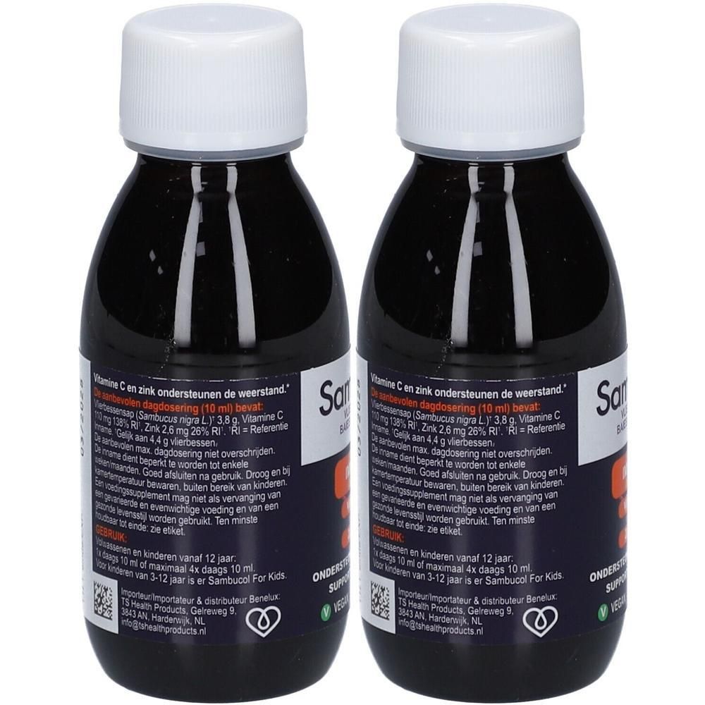 Deux flacons de Sambucol® Immuno. Liquide noir dans des bouteilles marron avec des bouchons blancs. Étiquettes avec texte.