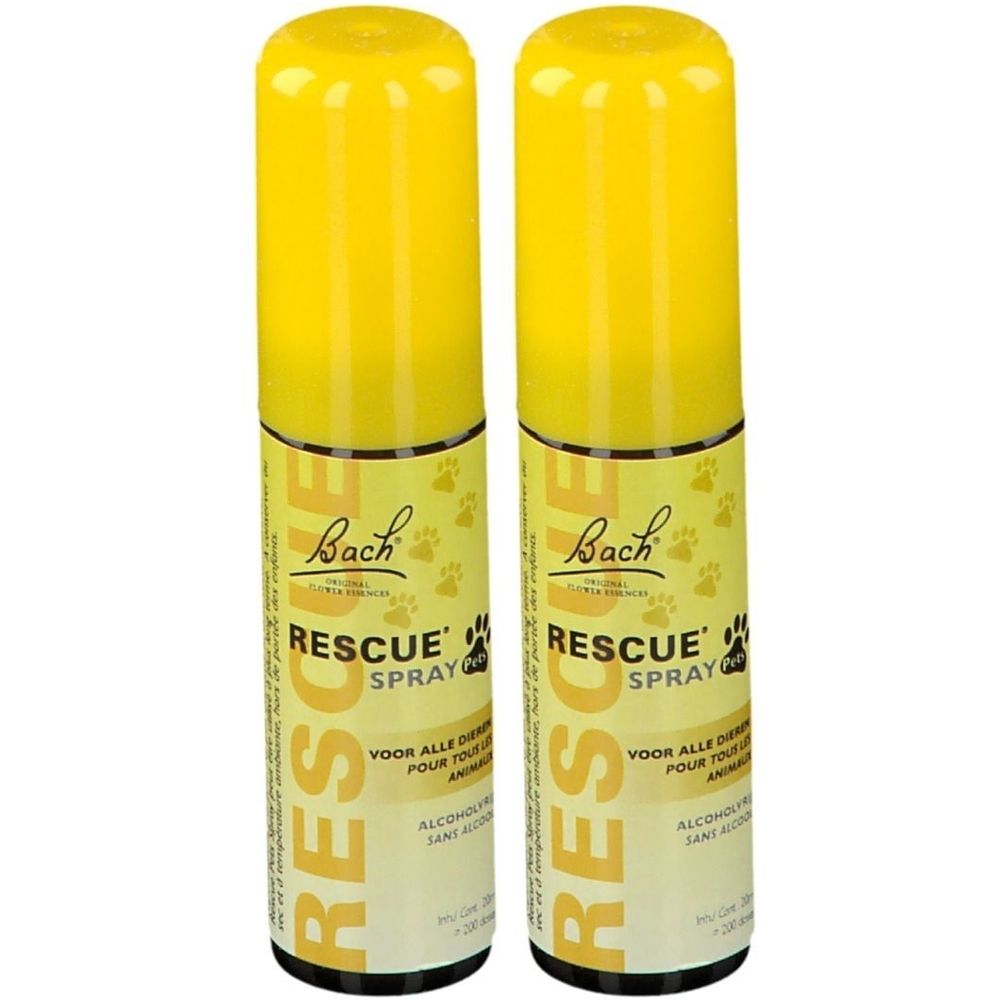 Twee gele sprays met gele doppen. Opschrift: Bach Rescue Spray. Sticker 1+1 gratis.