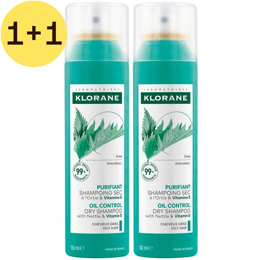 Deux flacons spray verts. Inscription : Klorane, Shampooing Sec à l'Ortie & Vitamine E, Oil Control Dry Shampoo. 99% ingrédients naturels.
