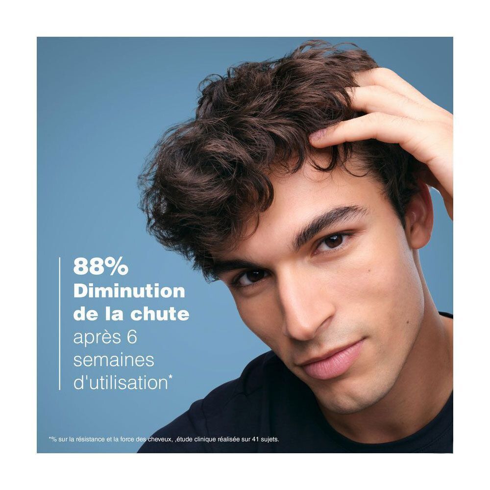 Homme aux cheveux foncés se grattant la tête. Texte : 88% de diminution de la chute après 6 semaines.