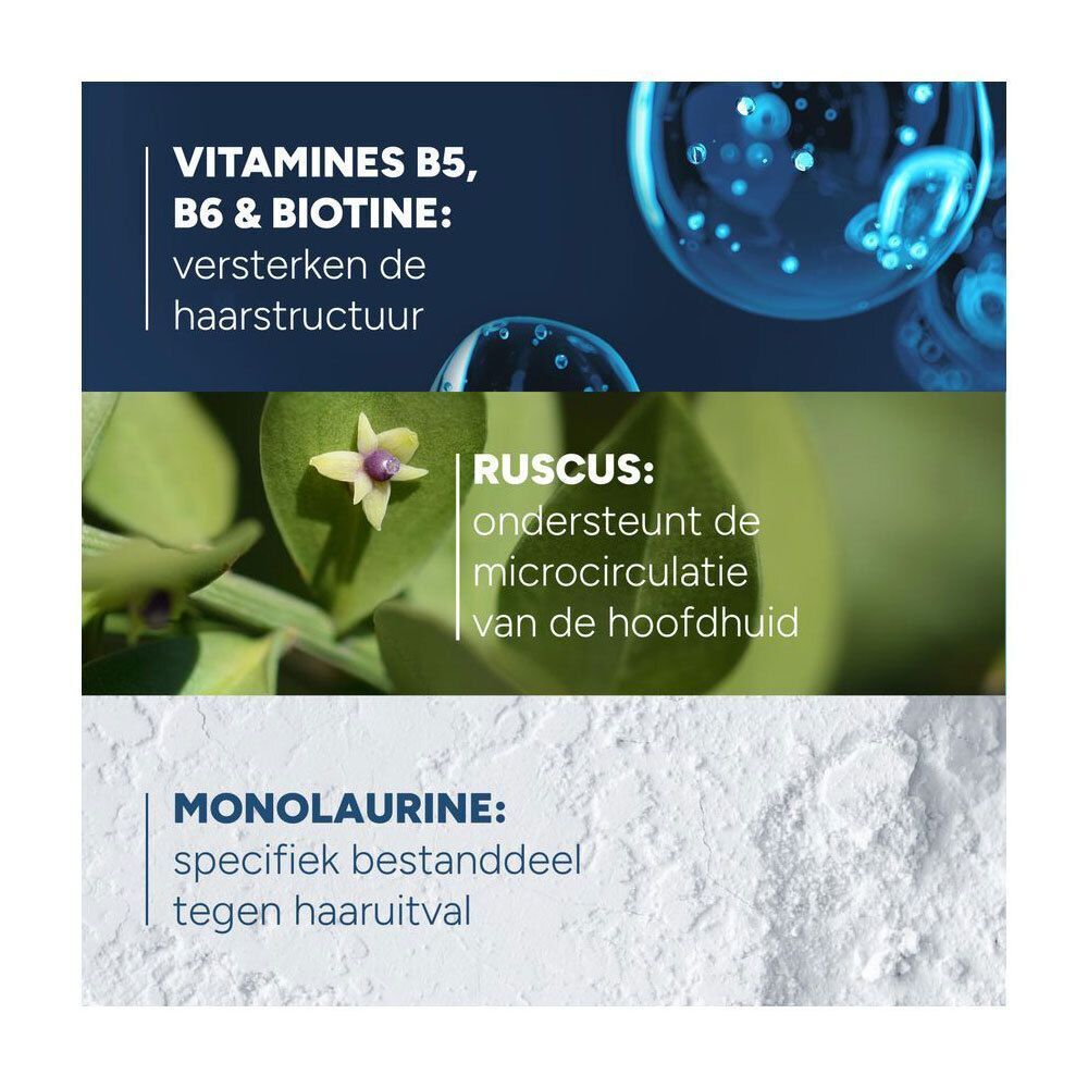Ingrediënten: Vitamines B5, B6, Biotine versterken haarstructuur. Ruscus ondersteunt microcirculatie hoofdhuid. Monolaurine tegen haaruitval.
