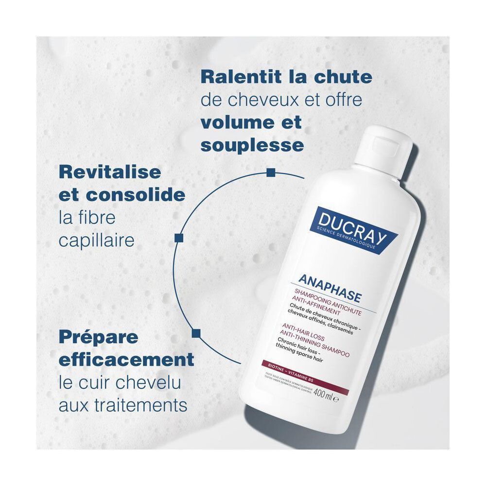 Flacon de Ducray Anaphase Shampoo. Texte : Ralentit la chute, donne volume et souplesse. Revitalise et consolide la fibre.