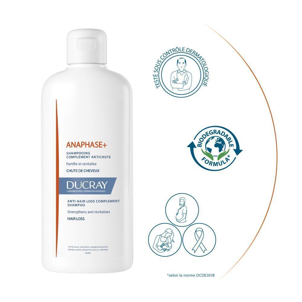 Flacon Ducray Anaphase+ Shampoo. Sceaux : Testé sous contrôle dermatologique, formule biodégradable. Symboles : homme, femme, ruban.