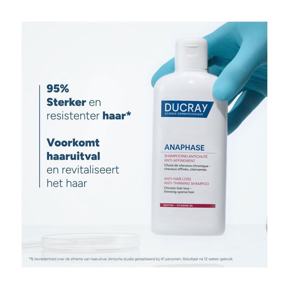 Fles Ducray Anaphase+ Shampoo. Keurmerken: Dermatologisch getest, biologisch afbreekbare formule. Symbolen: man, vrouw, lint.