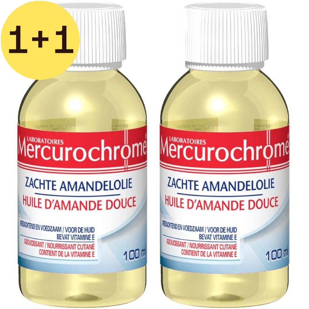 Deux flacons de liquide jaunâtre. Inscription: Mercurochrome, Huile d'Amande Douce. Autocollant 1+1 gratuit.