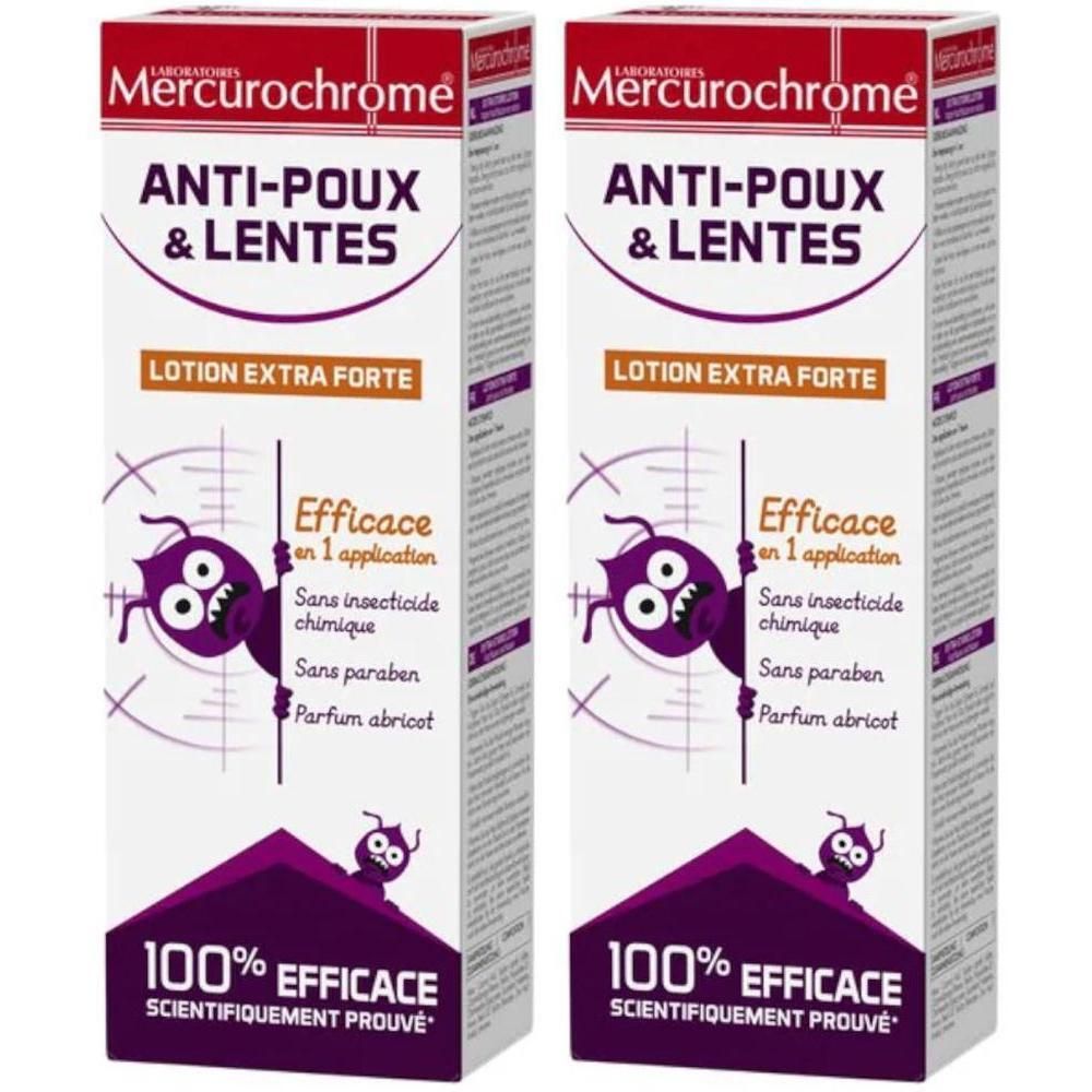 Emballage Mercurochrome Anti-Poux & Lentes. Blanc, accents violets. Texte: Anti-Poux & Lentes, Lotion Extra Forte, efficace en 1 application.