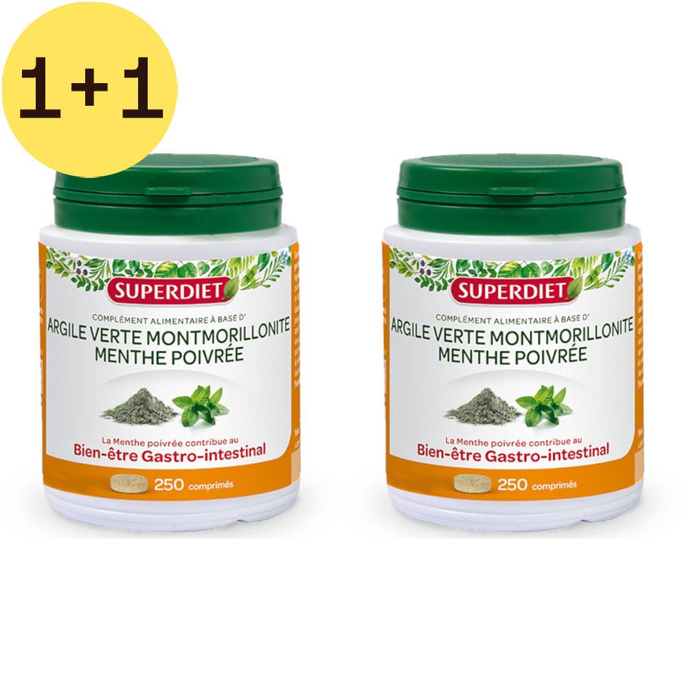 Twee witte flessen met groene deksels. Opschrift: SUPERDIET, Argile Verte Montmorillonite Menthe Poivrée. Geel 1+1 symbool.