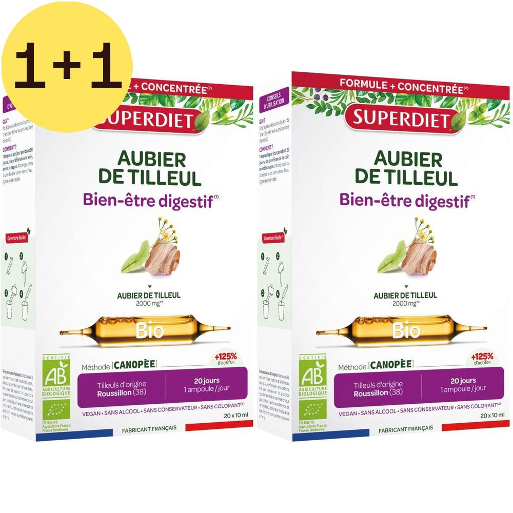 Deux boîtes de Superdiet Aubier de Tilleul. Mention 1+1 gratuit. Certification bio. Vegan, sans alcool ni conservateur.