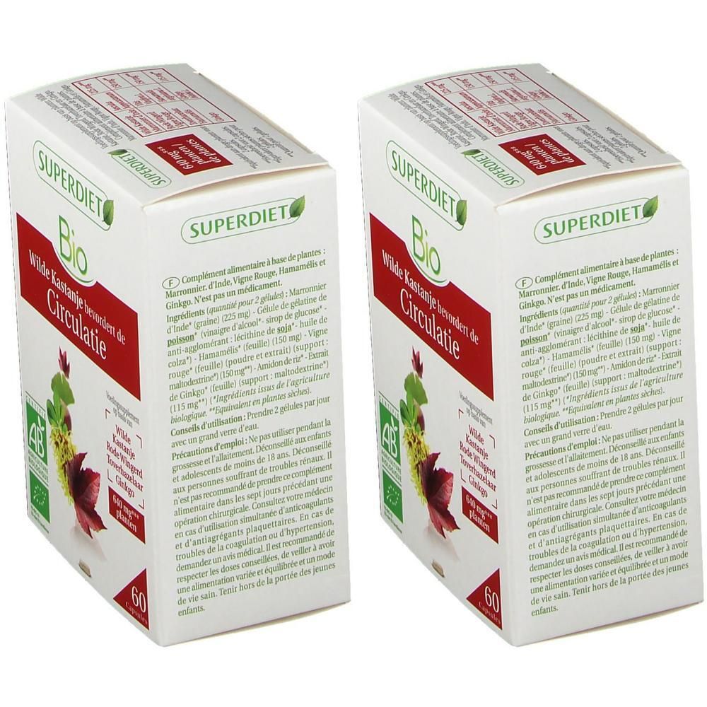 Twee witte dozen Superdiet Bio. Opschrift: Circulatie, 60 capsules. Illustratie van planten en AB-logo.