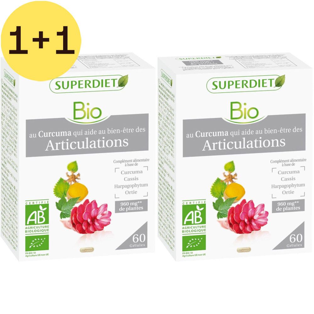 Twee dozen voedingssupplementen. Opschrift: Superdiet Bio, Articulations. Met AB Bio-label. Geel 1+1 symbool.